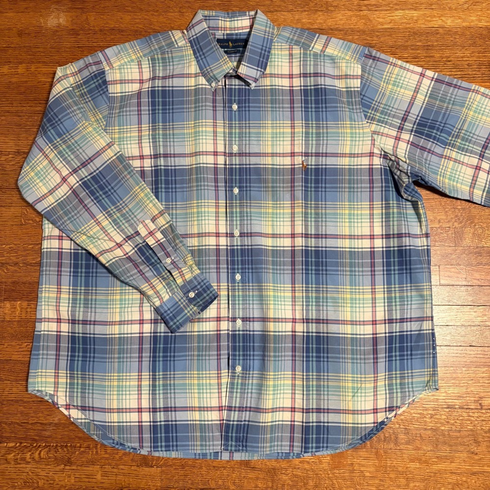 Ralph‎ Lauren Classic Fit Plaid Button Down Shirt Big & Tall 2XB Blue Yellow
